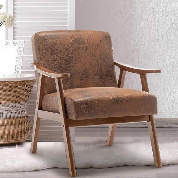 Mid-Century Modern Chair,Upholstered Armchair, Living Room Chair with Solid Wood Frame, Comfy Reading Chairs, Lounge Side Chair for Living Room,Bedroom,Belcony. (Brown+Fabric)