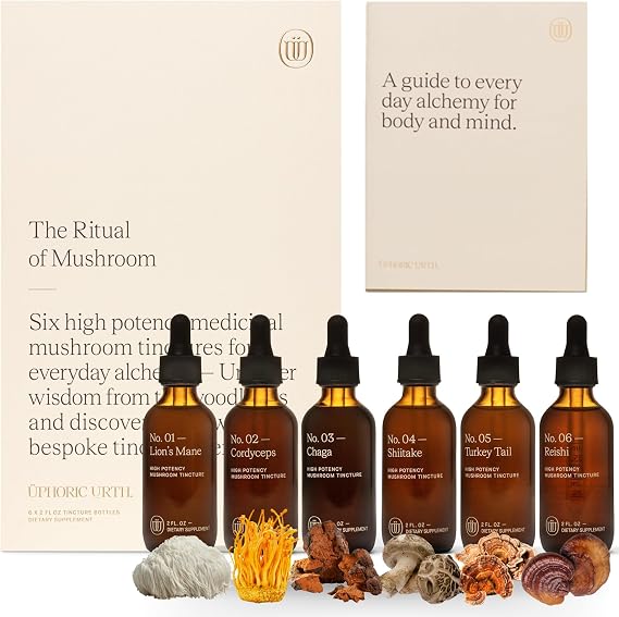 Mushroom Tincture Gift Set - 6 Mushroom Sampler with Lion's Mane, Reishi, Chaga, Turkey Tail, Cordyceps & Shiitake, Double-Extracted Liquid Drops, Recipe Book, Vegan, 6 x 2 fl oz