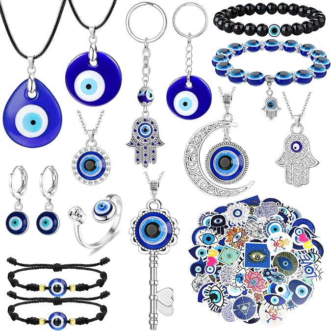 YADOCA Evil Eye Necklace for Women Men Evil Eye Bracelets Ring Earring Set | Evil Eye Bracelets Necklaces Pendant Turkish Protection Jewelry Set with 50Pcs Stickers