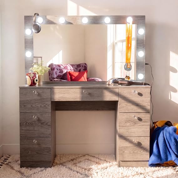 Boahaus Nova Vanity Desk with Framed Bulb Mirror & Stool 7 Drawer Integrated Makeup Station
