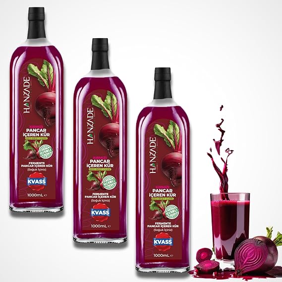 Hanzade Bitkisel Pancar Kvass Fermente Kırmızı Pancar İçeren Kür 1 Litre x 3 Adet Cam Şişe