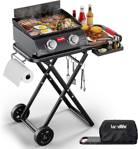 Laudlife Portable Propane Gas Griddle with Collapsible Stand, Non-Stick Enameled Coating Cast Iron, 342 SQ.IN Cooking Space, 2 Burners Flat Top Griddles for Camping, Tailgating, Outdoor Cooking