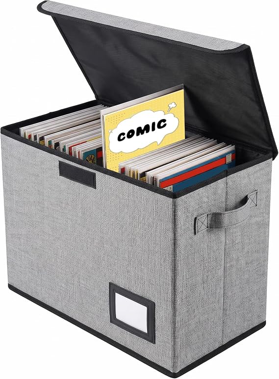 Comic Book Storage Box 15.74x7.87x11.8 inch Foldable Comic Book Bin Washable Integrated Books Organizer Box with Lid Books Display with Handle for Wardrobe Closet Shelf Office