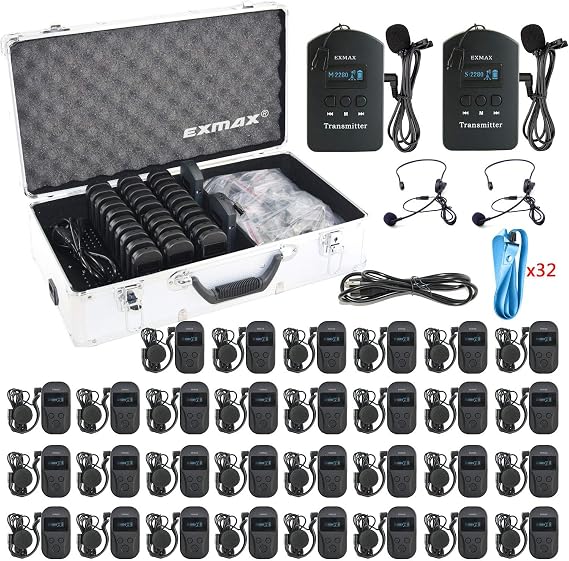 EXMAX EXD-101 2.4G Wireless Audio Transmission in Ear Monitor Tour Guide System for Wedding Courtroom Translation Interpretation Bus Sightseeing Hajj 2 Transmitters 30 Receivers 32-slot Charging Case