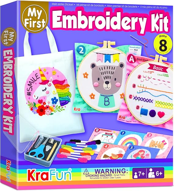 KRAFUN Embroidery Kit for Kids Ages 7-12, Beginner Patterns