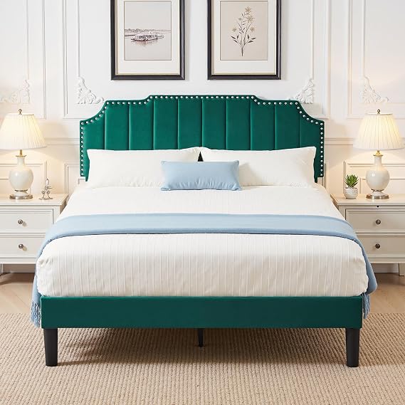 VECELO Queen Size Velvet Upholstered Platform Bed Frame with Nailhead Trim,Tufted Height Adjustable Headboard,Queen Bed with Wooden Slats/Mattress Foundatio/No Box Spring Needed/Under Bed Storage
