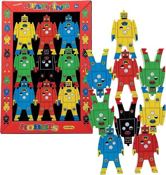 Schylling Stacking Robots - Colorful Wooden Stacking Toy for Kids - 9 pcs. Fun Puzzle for Balancing and Imaginative Play - Ages 3 and Up