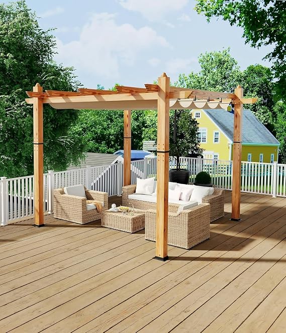10 x 13 Ft Wood-Grain Aluminum Pergola Outdoor Pergola with Retractable Canopy Sun Shade Shelter for Garden, Patio, Backyard, Deck