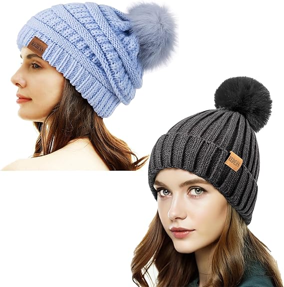 REDESS Womens Winter Knitted Beanie Hat Warm Fleece Lined with Pompom Cap Thick Slouchy Snow Knit Skull Ski Cap