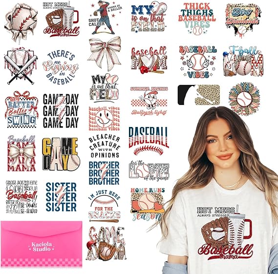 Kaciola 30 Sheets Baseball DTF Transfers Ready to Press, Ball Iron on Transfers Washable Stickers Sport Iron on Decals for T Shirts Hoodie DIY Crafts