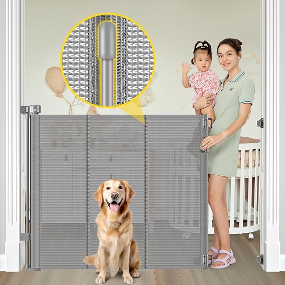 Reinforced 42” Extra Tall Pet Gate for Doorways, Extends up to 60” Wide, Extra Tall Retractable Baby Gates with Rods to Prevent Crawling Through Retractable Mesh Dog Gate Indoor Outdoor, Gray