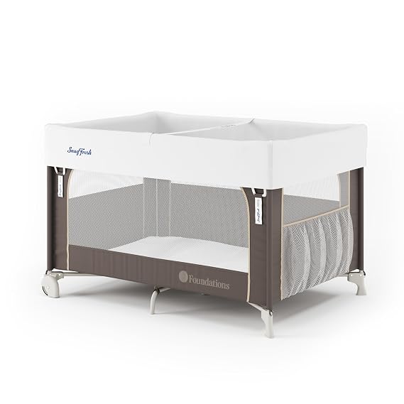 Foundations SnugFresh Elite Baby Play Yard for Hotel & Daycare | Commercial-Grade Foldable Pack & Play with Wheels, Washable Cover and Travel Bag, Travel Yard for Infants & Toddlers, Sahara