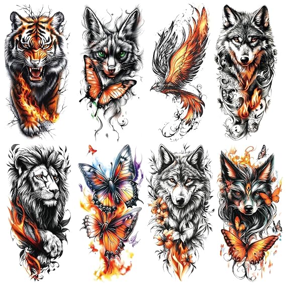 8 Sheets Flame Tiger Lion Wolf Phoenix Butterfly Temporary Tattoos