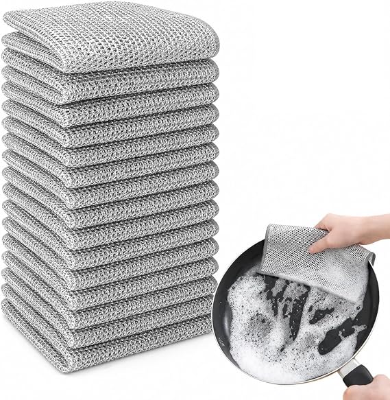 15Pcs Non-Scratch Wire Dishwashing Cloths, Double Layer Silver Mesh | 20 x 20cm Multipurpose Cleaning Cloth, Reusable Cleaning Rags for Washing Dishes, Cookware, Sink, Stove