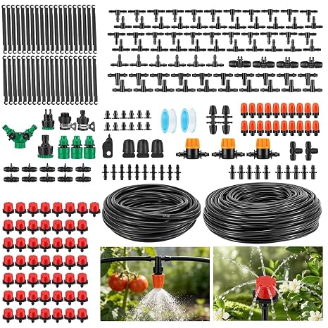LINGKY 230FT Irrigation System Kit, 340Pcs Garden Watering System, 360° Adjustable Drip Irrigation System with 55 m 4/7"+15 m 8/11" Irrigation Pipes for Greenhouse, Yard, Lawn, Plant