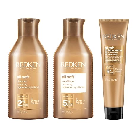 Redken All Soft Care Set with Shampoo Conditioner and Hair Mask for Dry and Brittle Hair with Hyaluron Omega-6 and Argan Oil