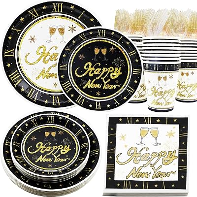 New Year Party Supplies Serves 25, New Year Napkins and Plates Party Decorations Dinnerware Set, Disposable Paper Plates, Cups, Napkins Tableware for Party