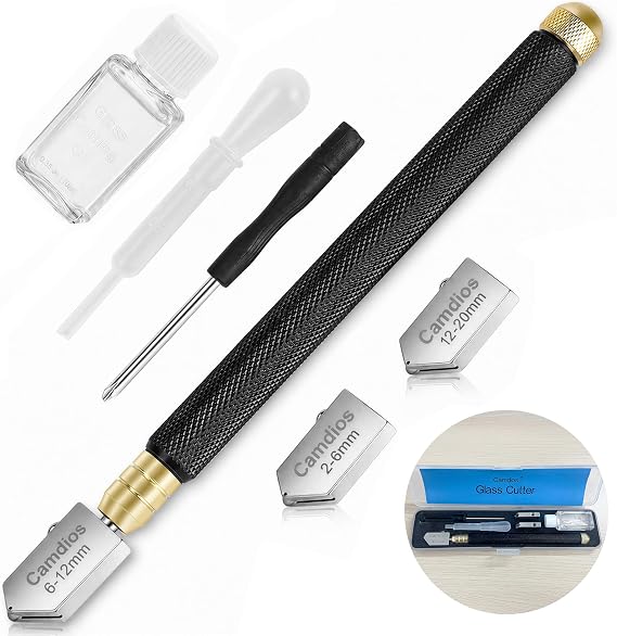 Glass Cutter 2-20mm Upgraded Glass Cutting Tool with Glass Cutting Oil Pencil Style Glass Cutter with Oil Feed and Carbide Tip for Mirror/Tiles/Mosaic 2-20 mm Glasschneiden 3 austauschbare Hartmetallköpfe automatische Ölzufuhr Glasschneideöl Spiegel Mosaik & Buntglas