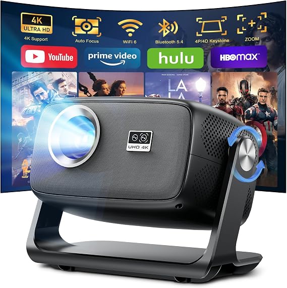 Projector 4K, Portable Smart Projector for Bedroom, Native 1080P Projectors 30000Lumen with Bluetooth 5.4 WiFi 5.2, Built-in Intelligent APP System, Home Ceiling Projectors 180°Rotation