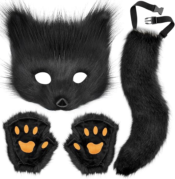 Therian Mask and Tail Set, Handmade Wolf Paw Gloves Faux Fur Fox Tail Cat Cosplay Halloween Masquerade Costume