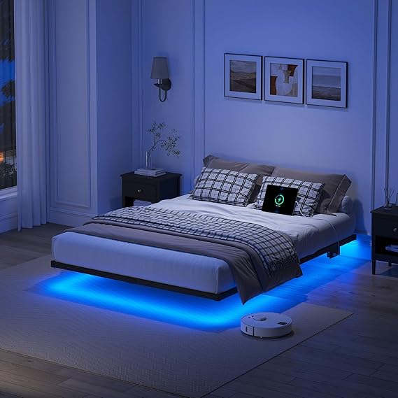 YORMDMO Floating Bed Frame, Queen Size, Sturdy Bed Frame with Smart LED Light & Charging Station, Modern Metal Platform Bed, Easy to Assemble, No Box Spring Required, 8"