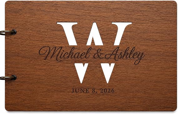 Personalized Handmade Mr Mrs Wedding Guest Book for Bride and Groom Wood Alternative Custom Engraved Newlywed Marriage Album (Black Walnut)