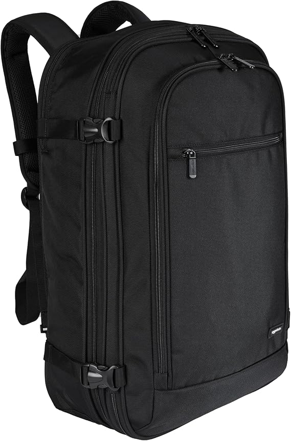 Amazon Basics Travel Backpack,Carry-On with Laptop Compartment, 1.55 cu. ft. Capacity,Expandable for 10% Extra Space,Convertible Backpack & Shoulder Bag,Multiple Pockets,13.8"W x 21.5"H x 9.5"D, Black