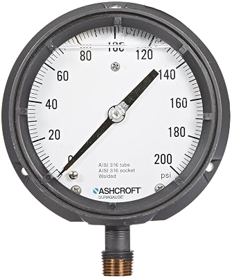Ashcroft Duragauge Type 1379 Solid Front Aluminum Case Glycerin Filled Pressure Gauge, 316 Stainless Steel Bourdon Tube and Tip, 316 Stainless Steel Socket, 4-12 Dial Size, 12 NPT Lower Connection, 0200 psi Pressure Range