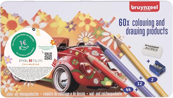 Bruynzeel Painting Set 60 Pieces | 44 Colouring Pencils, 12 Metallic Pencils, 2 Graphite Pencils, Sharpener + Eraser
