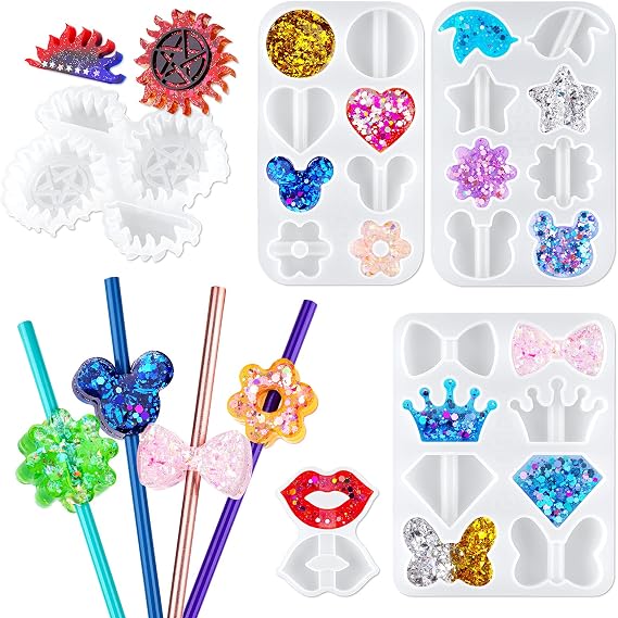 NiArt 8mm Straw Topper Epoxy Resin DIY Casting Silicone Mold Kit, 5 Molds with 14 Shapes Lip/Gear/Heart/Star/Crown/Diamond/Butterfly/Sunflower/Bird/Bowtie Plaster UV Decoration Art Craft Handmade Gift