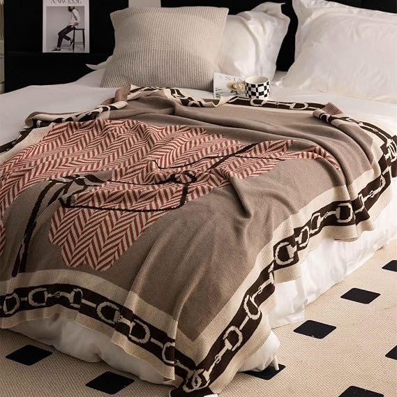 Equestrian Knit Blanket - Wool Blend Throw with Horse Pattern, Decorative Western Style Blanket for Bed, Sofa, Couch, All Season Use(Brown)