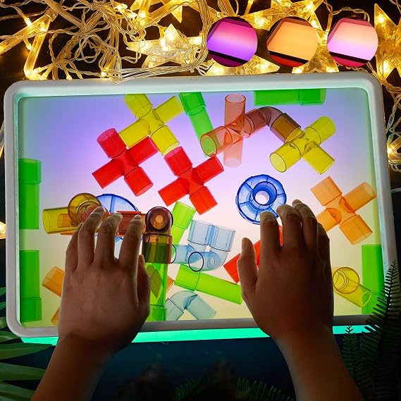 Yichushisu 16" Kids Light Table, Portable Light Up Sensory Table with 3 Color Modes & 10-Levels, Durable LED Sand Painting Light Box for Autism Therapy, Tracing, Classroom & Creative Play (Green)