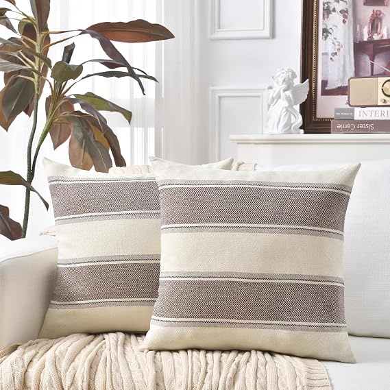 AmHoo Pack of 2 Farmhouse Linen Throw Pillow Cover Cushion Stripe Decoration Buffalo Retro Pillowcase with Hidden Zipper for Sofa Bedroom Car 16 x 16 Inch Brown