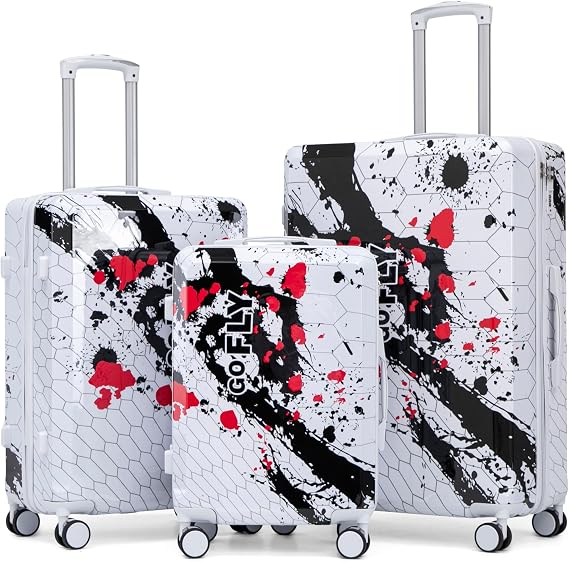 Pc 3 Piece Hard Shell Luggage Set with Spinner Wheels, Small Suitcase with Wheels Hard Shell Featuring Prints, Combo Lock, And Pc, Luggage Sets Hardshell Durable for Trips (3, Black, 20,24,28inch)
