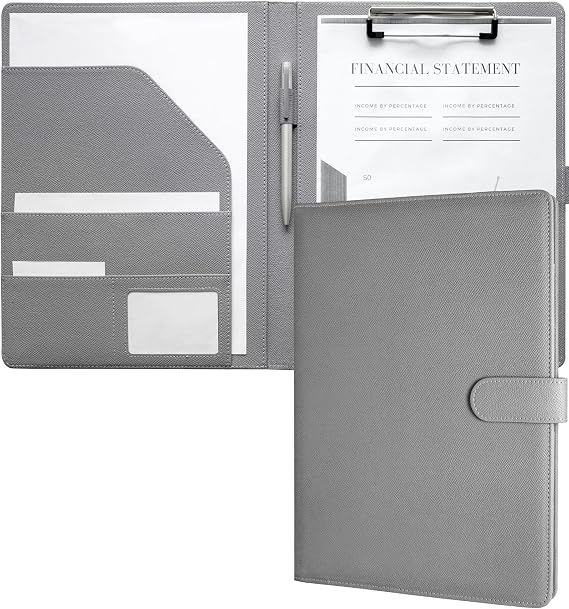 Zreal Padfolio Portfolio Binder, Faux Leather Legal Pad Holder | Resume Folder with Clipboard & Business Card Holder, A4 Professional Document File Organizer for Women and Men(Grey)