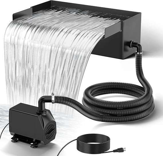 NFESOLAR Pond Waterfall Kit with 12.2" W Stainless Steel Waterfall Spillway | Includes Pond Waterfall Box, 660GPH Water Pump, 10ft Corrugated Tubing, for Garden Ponds and Streams up to 2,000 Gallons