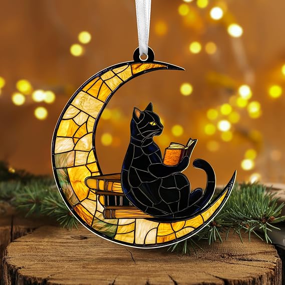 FLAGWIX Christmas Book Lovers Gifts for Readers - Acrylic Christmas Ornaments 2025 - Reading Nerd Librarian Bookish Gifts for Book Lovers, Black Cat Gift, Cat Decor Ornament for Christmas Decorations