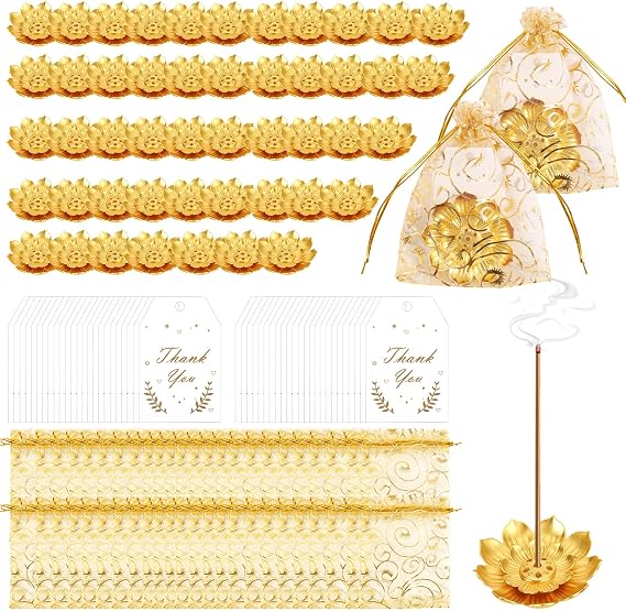 144 Pack Diwali Gifts Bulk, Lotus Incense Holder, Indian Return Gifts for Pooja Bulk, Gold Lotus Incense Sticks Holder with Organza Bags & Thank You Cards, Indian Return Gift (144 Pack)