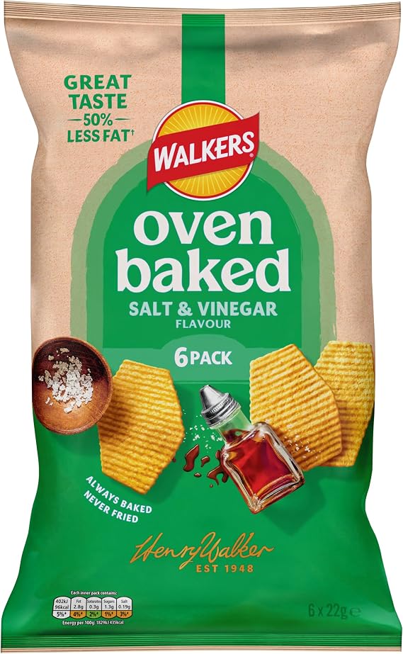 Walkers Oven Baked Salt and Vinegar Crisps, 6 x 22 g