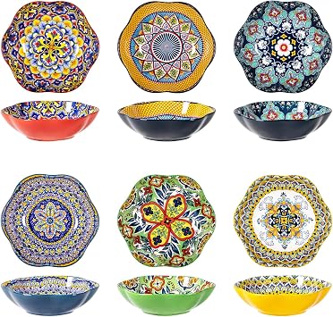 HENXFEN LEAD Ceramic Bowls Set of 6, 20 oz Colorful Soup & Cereal Bowls Boho Serving Bowls for Salad, Pasta, Snacks, Microwave & Dishwasher Safe