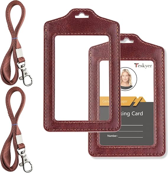 Teskyer 2 Pack Double Sided Clear Badge Holder with Lanyard, Brown