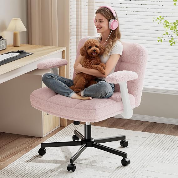 DurayLoly Criss Cross Chair with Flip-Up Arms, Plush Teddy Fabric,Pink