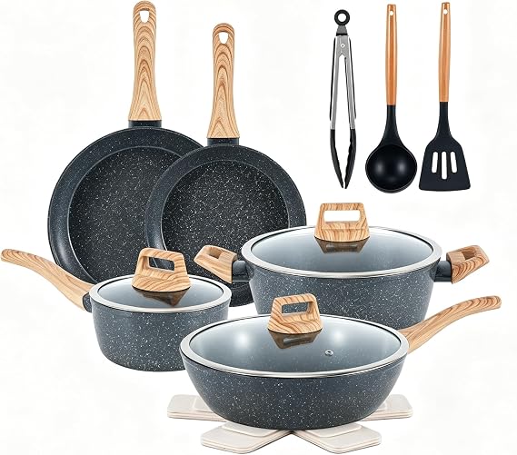 Ceramic Cookware Sets 15PCS Pots and Pans Set Non Stick (black15)
