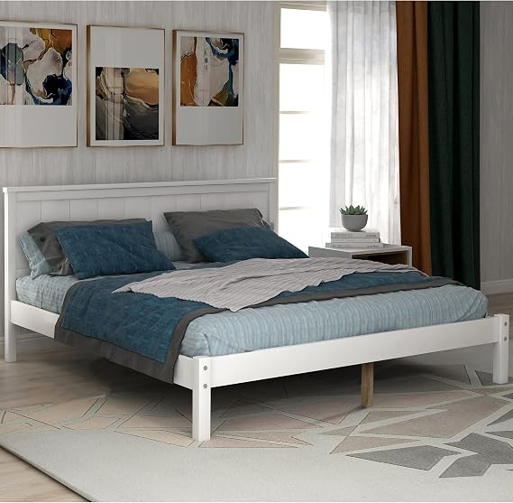 CITYLIGHT Full Platform Bed with Headboard, Solid Wood Full Bed Frame with Center Support Feet, No Box Spring Needed (Full,White)