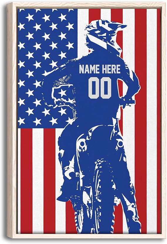 Custom Dirt Bike Us Flag Extreme Sports Gift For Motocross Racer Personalized Name Number Poster & Framed Canvas, Wall Art Home Office Decoration Living Room Bedroom Aesthetic Decor