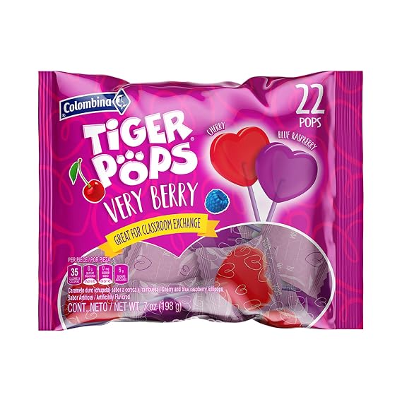 Colombina Very Berry Tiger Pops Heart Shaped Lollipops Cherry Blue Raspberry Individually Wrapped Candy for Parties Classroom Exchange Kids Treats, 22 Count (Pack of 1)