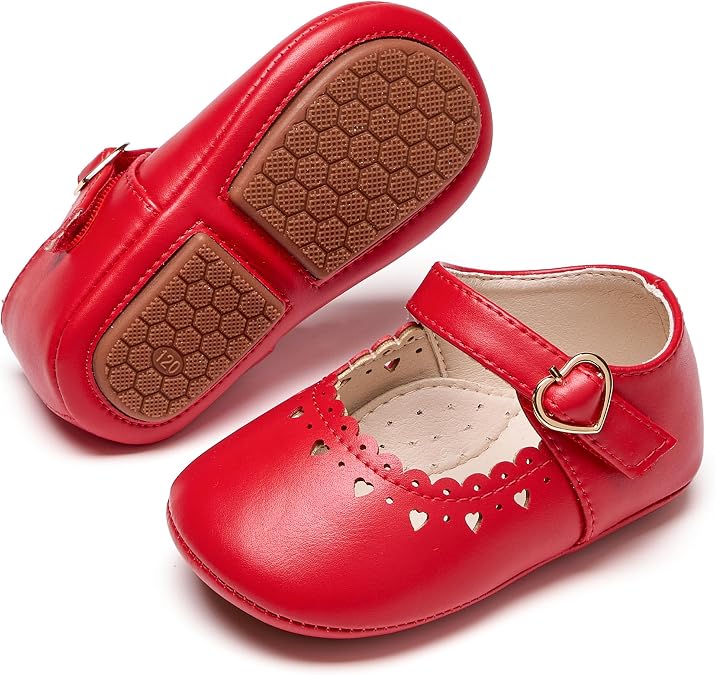 PHIRAMIN Baby Girls Mary Jane Flats - Infant Newborn Walking Shoes Soft Rubber Sole Princess Wedding