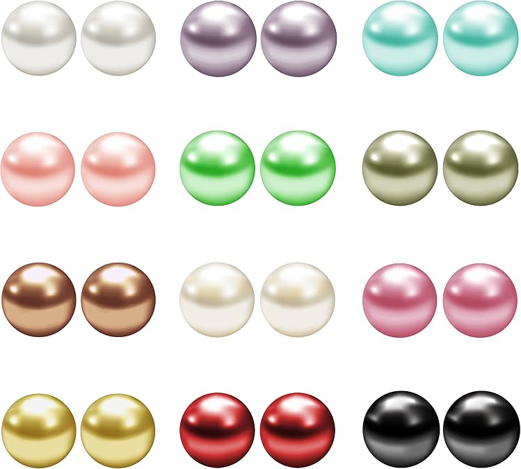 JewelrieShop Fake Pearl Earrings Stud Set Faux Colorful Pearls Earring Pack for Women Hypoallergenic Stainless Steel Ball Studs Earing for Women Jewelry (12pairs, Assorted Size)