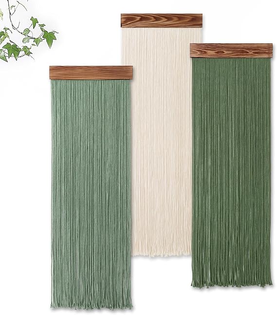 Weldomcor 3PCS Macrame Wall Hanging Boho Chic Home Decor, Handmade Tassel Yarn Tapestry Modern Wall Art Decorations for Living Room Bedroom Office Nursery Backdrop (Green White)