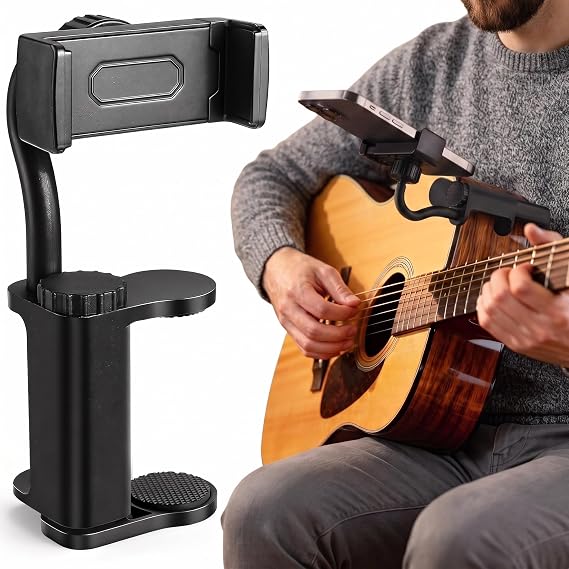 Guitar Phone Holder, Adjustable Guitar Phone Mount for Guitars, Ukuleles, Basses Phone Holder Clip for Digital Sheet Music, Teaching Videos, Live Streaming, Recording